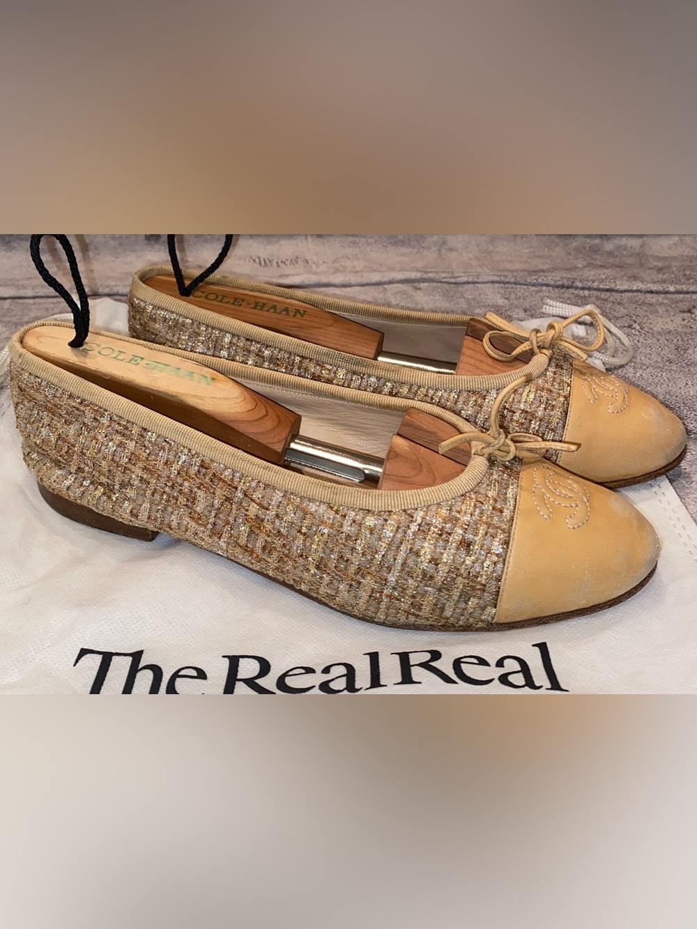 Chanel Boucle Tweed CC Logo Leather Ballet Flats Cap Toe Loafers Shoes 7.5 37.5